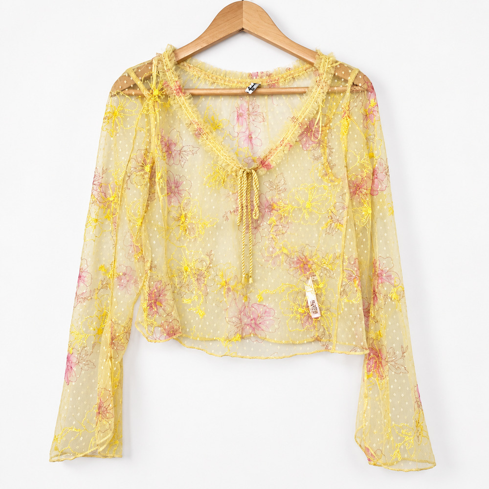 Free People Postcard from Paris Medium Long Sleeve Mesh Dainty Floral Overlay